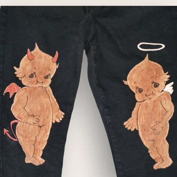 Calvin Klein Womens Jeans| Sz 12 |Black | Artistic Design Devil/Angel | Straight - Picture 2 of 10